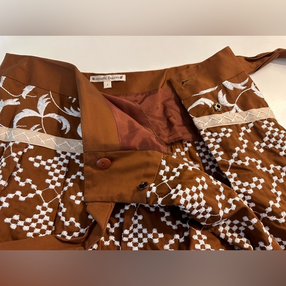 Vtg NANETTE LEPORE Embroidered Skirt Brown Whitete Embroidery Pleated Faux Wrap - Picture 6 of 11